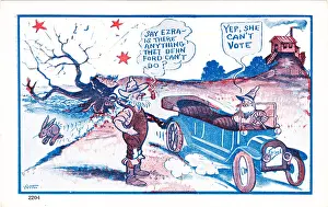 Prints of Postcard depicting a farmer, impressed by the performance of another farmer's Ford motor car, asking him if there is anything the car can't do, with the response Yep, she can't vote Historic Moments from the Women’s Fight for the Vote: Ford Car Suffragist