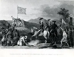 Prints of Colonel George Washington leads the Virginia regiment in claiming the French fort for the British in 1758, and is pictured raising the British flag at Fort Duquesne, during the French and Indian War Timeless Moments: A Visual Journey Through History’s Defining Images: Fort Duquesne
