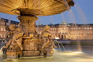Spotlighted Prints: Fountain on Schlossplatz and New Palace at night, Stuttgart, Baden-Wurttemberg, Germany