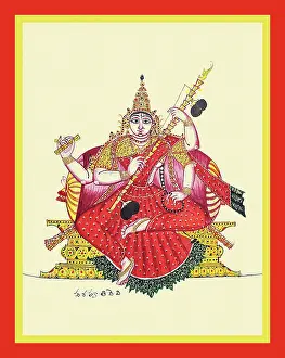 Beads Prints: Four-armed, fair-complexioned Sarasvatī