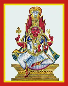 Drum Prints: Four-armed Mariamman sits on a dais