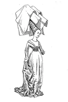 Elegantly Prints: France, Burgundy, Lady in court costume with high hat and veil on wire frame