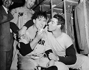 Frank Shea and Joe DiMaggio Celebrating in Locker Room