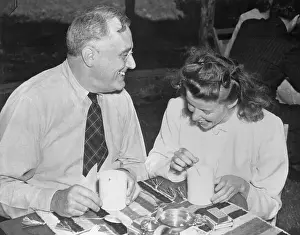 Franklin D. Roosevelt and Actress Katharine Hepburn Socializing over Chowder