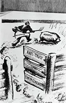 Franklin D Prints: Franklin D. Roosevelt Chasing Symbolic Pig