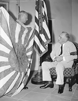 Franklin Delano Roosevelt Look at Japanese Battle Flag