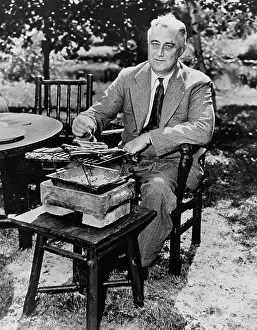Franklin D Prints: Franklin Delano Roosevelt Roasting Hot Dogs