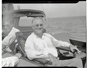 Franklin D Prints: Franklin Delano Roosevelt Smiling on Boat