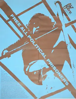 Prints of Vietnam War-era 'Free All Political Prisoners' poster, with a silhouetted person climbing bars set against a bright blue background, demanding the release of Huey P Newton, Bobby Seale Vietnam War Prints: Free Political Prisoners Poster
