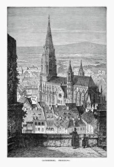 Town Square Collection: Freiburg Minster Cathedral in Breisgau, Germany Circa 1887
