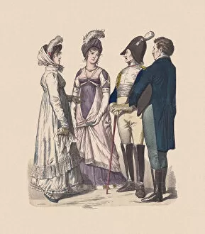 French-German costumes (1800-1812), hand-colored wood engraving, published ca. 1880