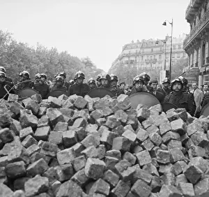 Barricade Prints: French Riot Police Behind Stone Barricade 1968