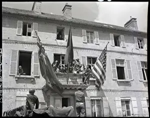 Cherbourg Prints: French, Us & Uk Flags Fly Outside Hotel