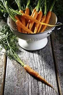 Images Dated 25th May 2012: Fresh carrots, carrots in a colander on rustic wood