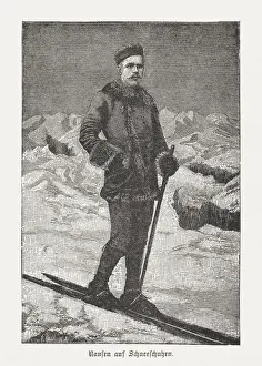 Famous Explorers Prints: Fridtjof Nansen (1861-1930, Norwegian explorer) on skis, woodcut, published 1898