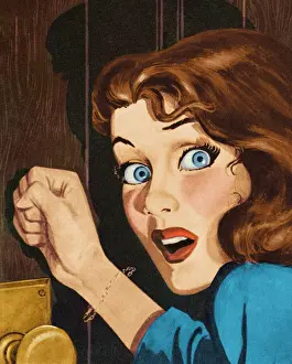 Frightened Woman Knocking on Door