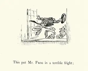 Prints of Vintage illustration of a scene from the childrens nursery rhyme Frog He Would A-Wooing Go, by Randolph Caldecott. This put Mr Frog in a terrible fright Randolph Caldecott (1846-1886) Illustrations Prints: Frog He Would A-Wooing Go, nursery rhyme, This put Mr Frog in a terrible fright