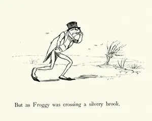 Prints of Vintage illustration of a scene from the childrens nursery rhyme Frog He Would A-Wooing Go, by Randolph Caldecott. But as Froggy was crossing a slivery brook Randolph Caldecott (1846-1886) Illustrations Prints: Frog He Would A-Wooing Go, nursery rhyme, as Froggy was crossing a slivery brook