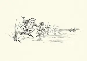 Prints of Vintage illustration of a scene from the childrens nursery rhyme Frog He Would A-Wooing Go, by Randolph Caldecott Whimsical nursery rhyme artworks curated to evoke a sense of wonder and imagination: Frog picking flowers from the pond, childrens nursery rhyme