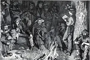 Woods Prints: Frontiersman Reading By Fire; Drawing