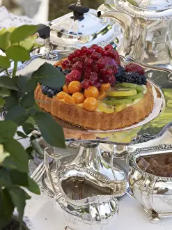 Silvery Prints: Fruit pie on antique, silver cake plate in a luxurious ambience of a stylishly set coffee table