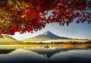 Mist Gallery: Fuji Mountain and Fisherman Boat with Morning Mist in Autumn, Kawaguchiko Lake, Japan