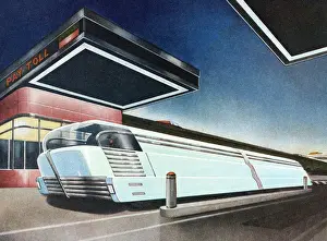 Commuter Prints: Futuristic Bus at Toll Booth
