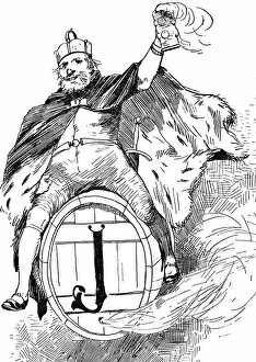Images Dated 7th July 2017: Gambrinus symbol, king and founder of beer brewing, riding on a barrel