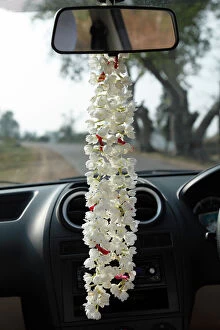 Mode Of Transport Gallery: Garland of jasmine flowers hanging on the rearview mirror of a car, Karnataka, South India, India