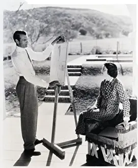 Gary Cooper Sketching on Porch with Wife