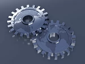 Images Dated 8th November 2012: Gears with a world map, 3D illustration