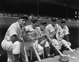Gehrig and DiMaggio with Other Yankees Posing with Bats