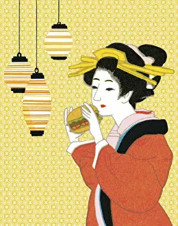 Images Dated 10th July 2014: Geisha Eating a Hamburger