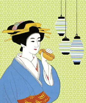 Images Dated 10th July 2014: Geisha Eating a Hot Dog