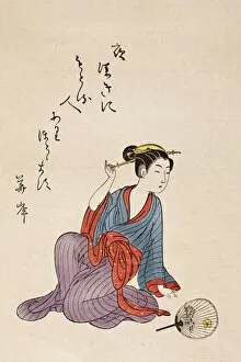 Images Dated 10th April 2009: Geisha sitting on the floor Japan Woodcut