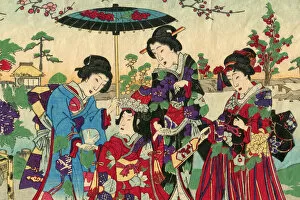 Images Dated 6th December 2015: Geishas with princess and court ladies woodcut 1880