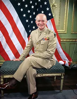 Supreme Commander Prints: General Dwight D. Eisenhower Posing near American Flag