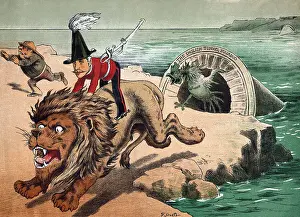 Prints of (Original Caption) The English Tunnel Bugaboo. Cartoon showing French Rooster chasing frightened British Lion ridden by General Wolseley Timeless Visions: Icons of Art and History: General Garnet Joseph Wolseley Escaping France by Lion