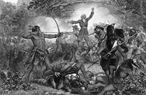 Massachusetts Prints: General Goffe in War Scene with Native Americans