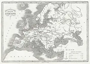 Geological Map of Europe - engraving illustration engraving 1840