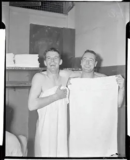 George Selkirk and Lou Gehrig Covering Themselves with Towels