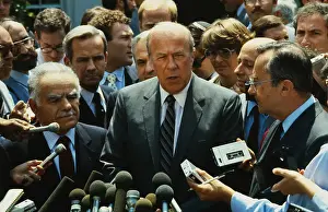 Shultz Prints: George Shultz Alongside His Peers While Speaking to Reporters
