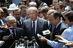 Shultz Prints: George Shultz and Yitzhak Shamir with Reporters