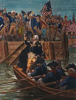 George Washington and Escorts in Boat near Citizens on Pier
