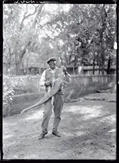 Augustine Prints: George Woods Holding Pet Alligator