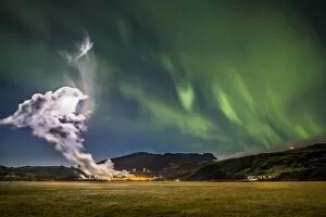 Images Dated 14th October 2013: Geothermal steam and Aurora Borealis