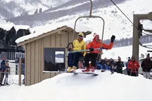 Gerald Ford Waves To Crowd On Ski-Lift