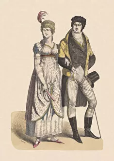 1800s Fashion Gallery: German costumes, shortly after 1800, hand-colored wood engraving, published c.1880