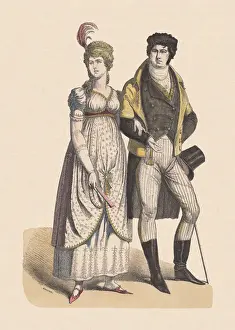 1800s Fashion Prints: German costumes, shortly after 1800, hand-colored wood engraving, published c. 1880