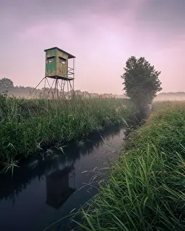 German floodplain landscape in Brandenburg with high seat on the Nuthe, Luckenwalde, Germany